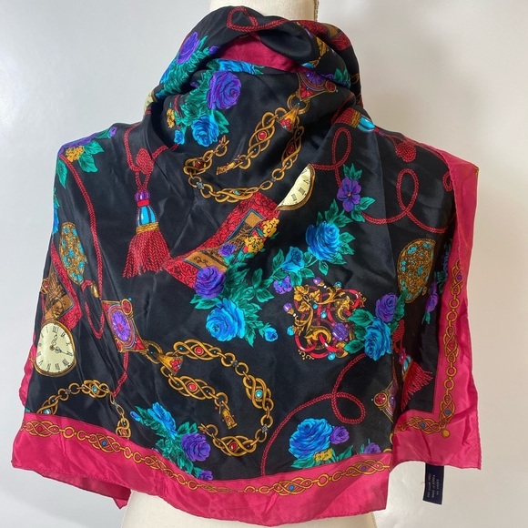 Vintage J.G.HOOK SILK Square Scarf 31”Red Colorful Floral W Chains… - Picture 11 of 13